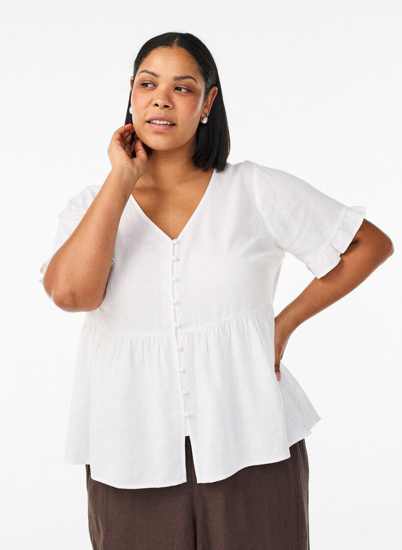 Bluse aus Leinen und Viskose mit V-Ausschnitt und Knopfverschluss, Wei&szlig;, Model image number 0
