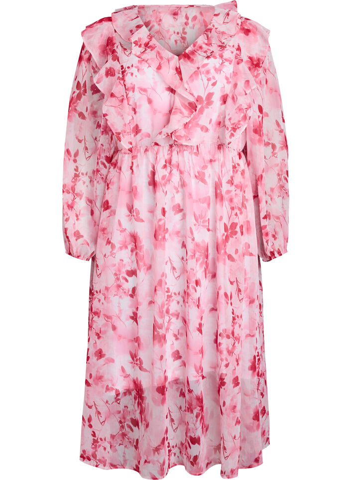 Gebl&uuml;mtes Kleid aus Chiffon mit R&uuml;schen und langen &Auml;rmeln, Pink, Packshot image number 0