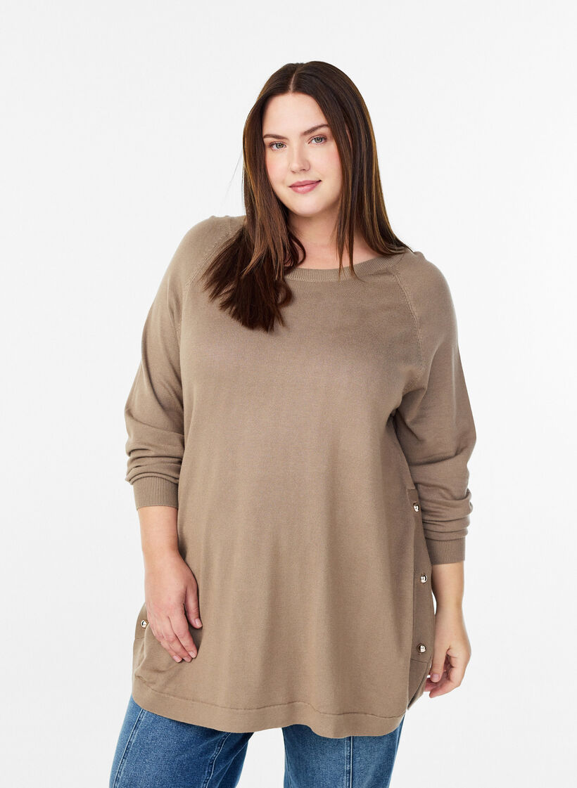 Strickbluse mit seitlichen Kn&ouml;pfen, Beige, Model image number 0
