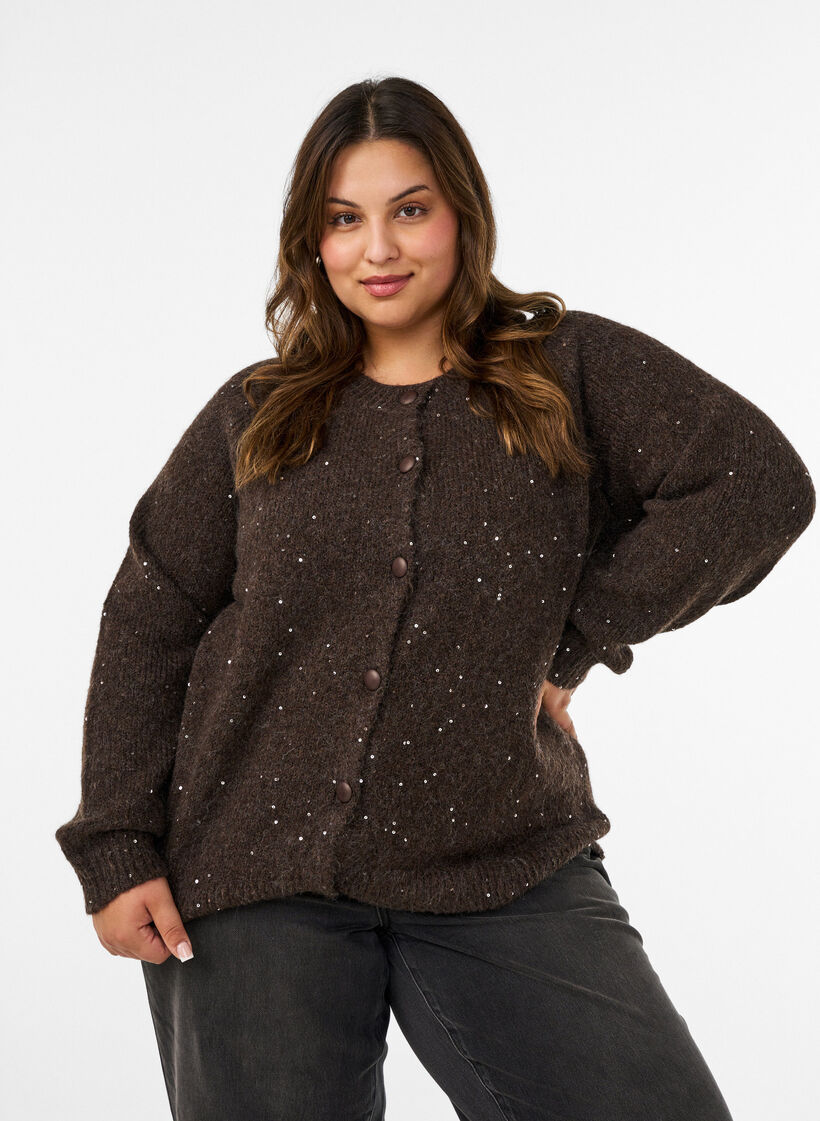 Cardigan mit Pailletten und Kn&ouml;pfen, Braun, Model image number 0