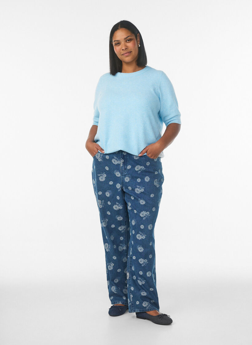 Bluse aus Strick mit kurzen &Auml;rmeln, Blau, Model image number 0