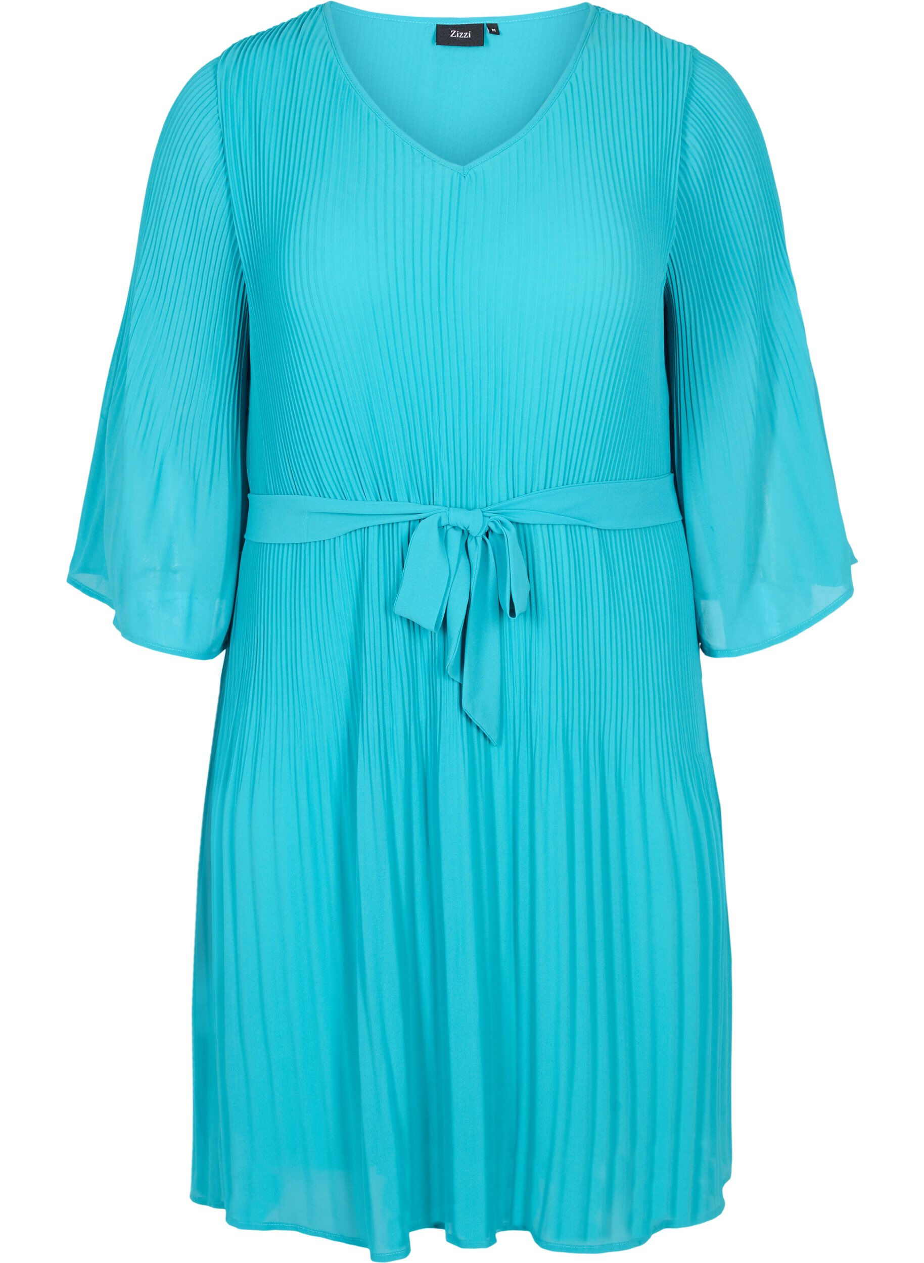 Zizzi Plissiertes Kleid mit 3/4-&Auml;rmeln, Turquoise, Packshot image number 0