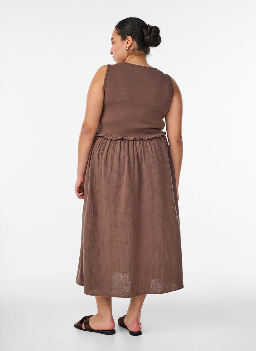 Robe midi sans manches en coton avec maille c&ocirc;tel&eacute;e et mousseline, Marron, Model image number 1