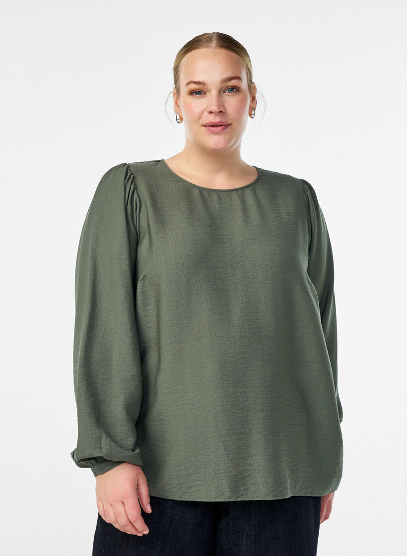 Blouse en viscose à manches longues, Vert, Model image number 0