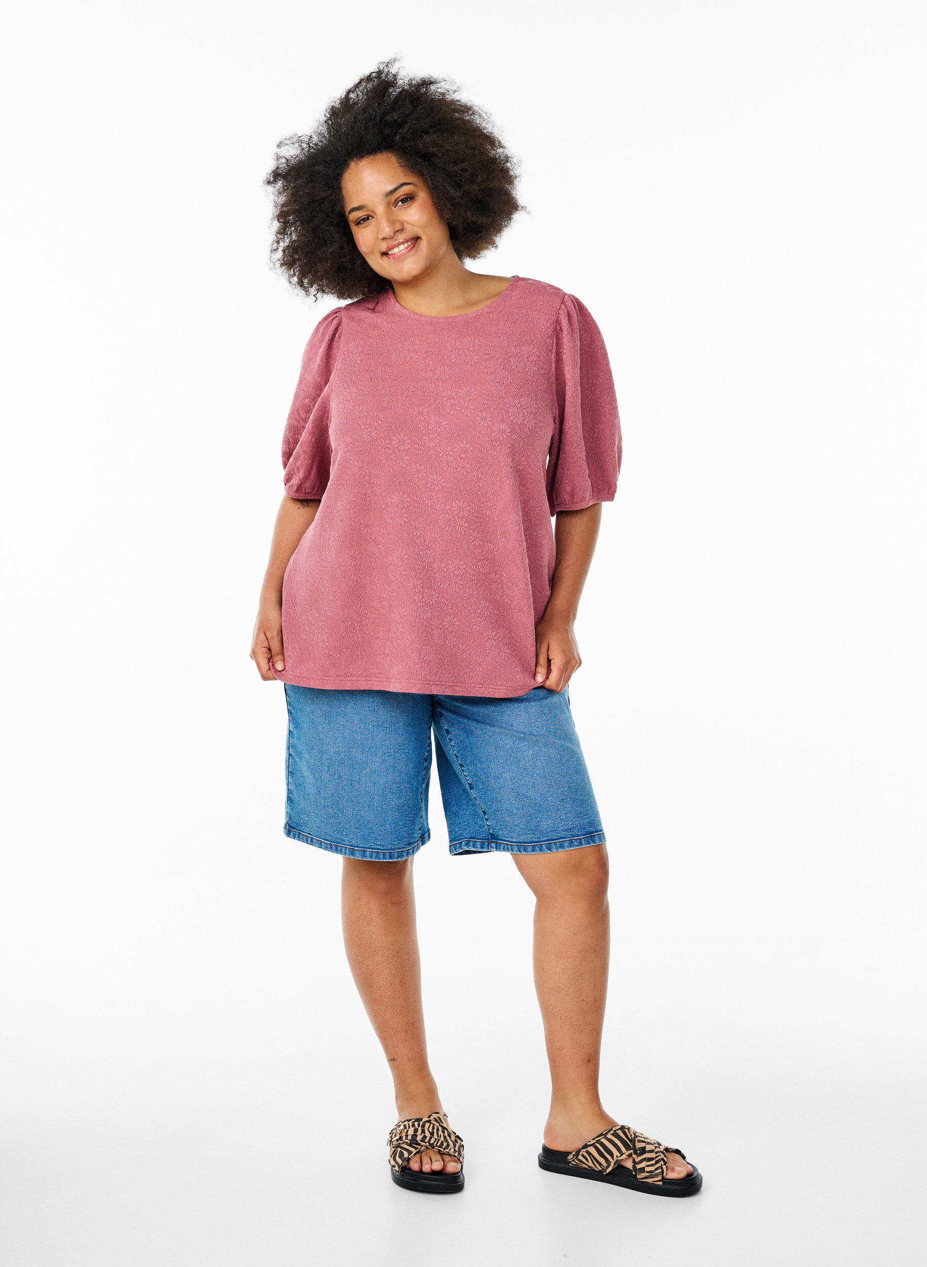 Zizzi Chemisier structur&eacute; &agrave; manches courtes, Rose poudr&eacute;e, Model image number 1