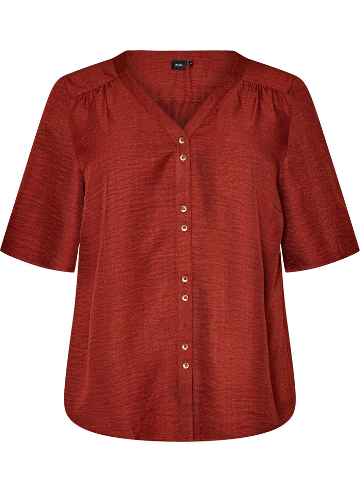 Hemdbluse mit V-Ausschnitt und kurzen &Auml;rmeln, Rot, Packshot image number 0