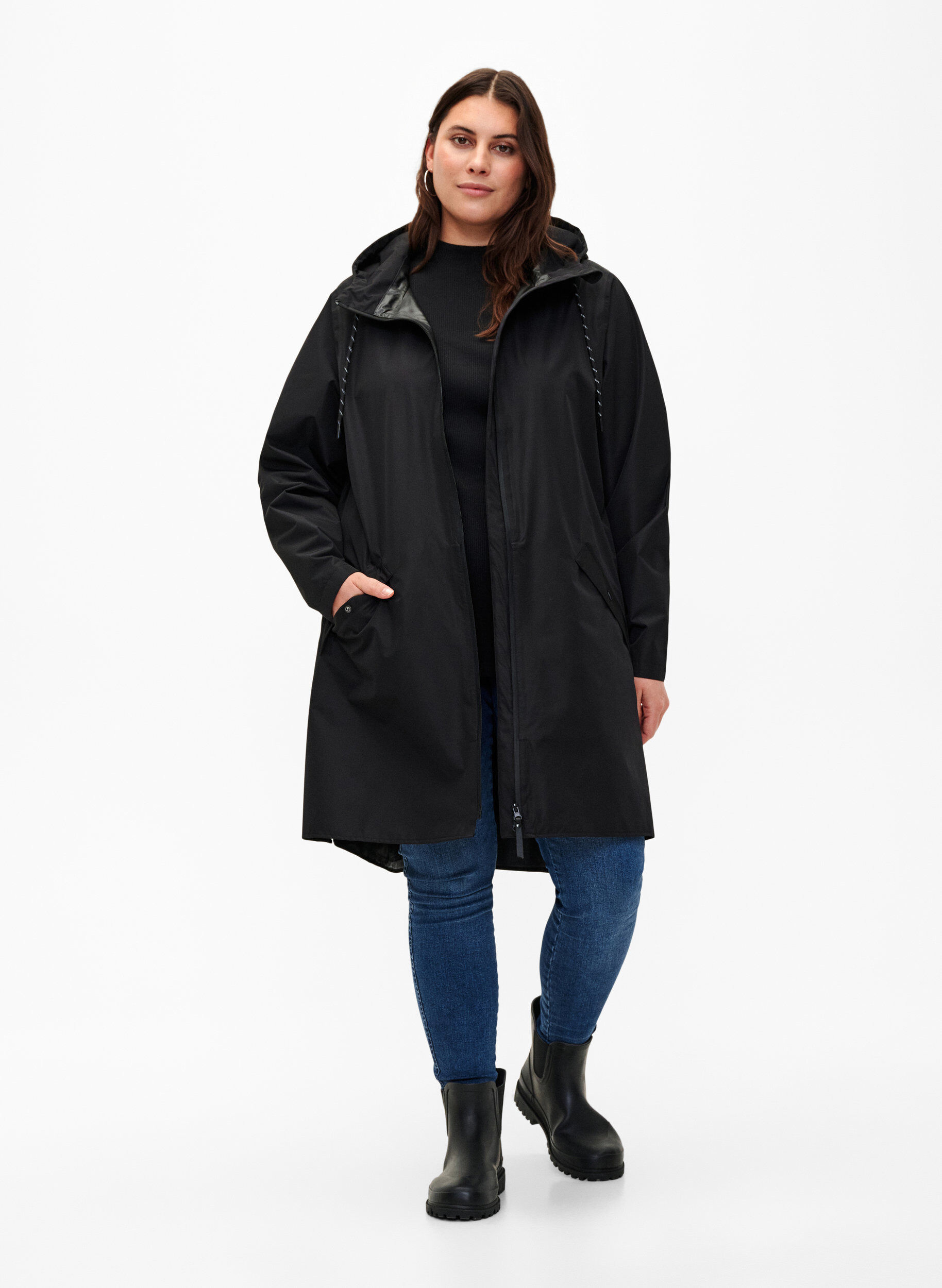 ZizziRegenmantel mit Taschen und Kapuze, Schwarz, Model image number 1