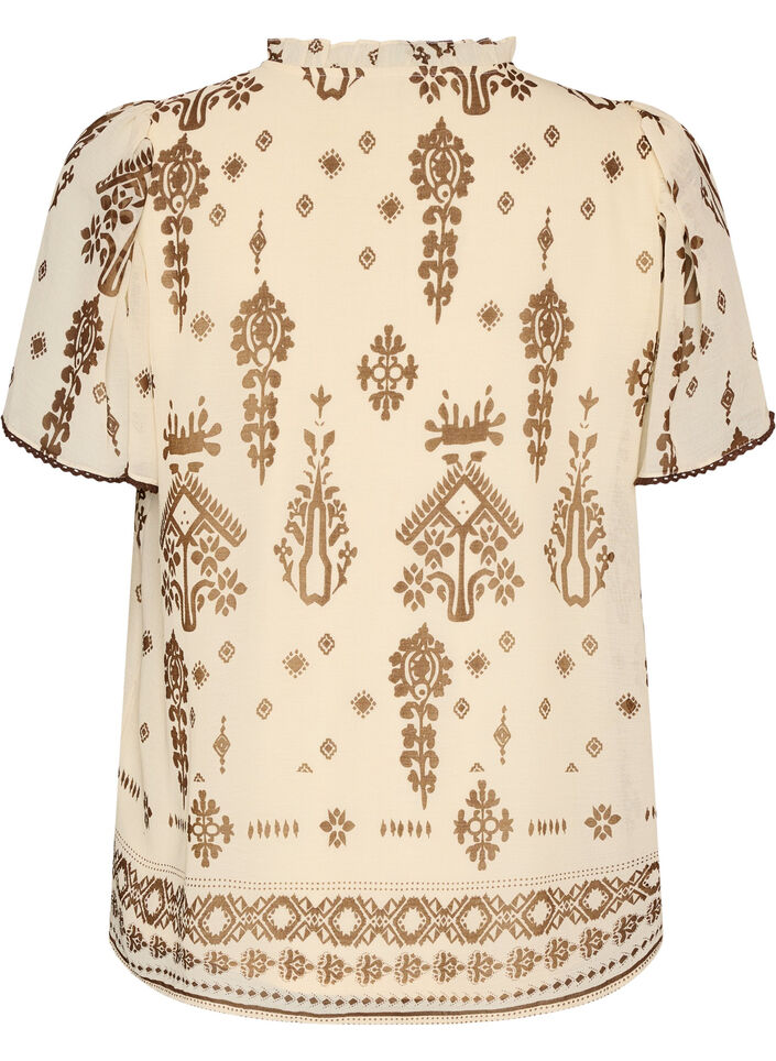 Bluse mit Muster und H&auml;kelborte, Beige, Packshot image number 1