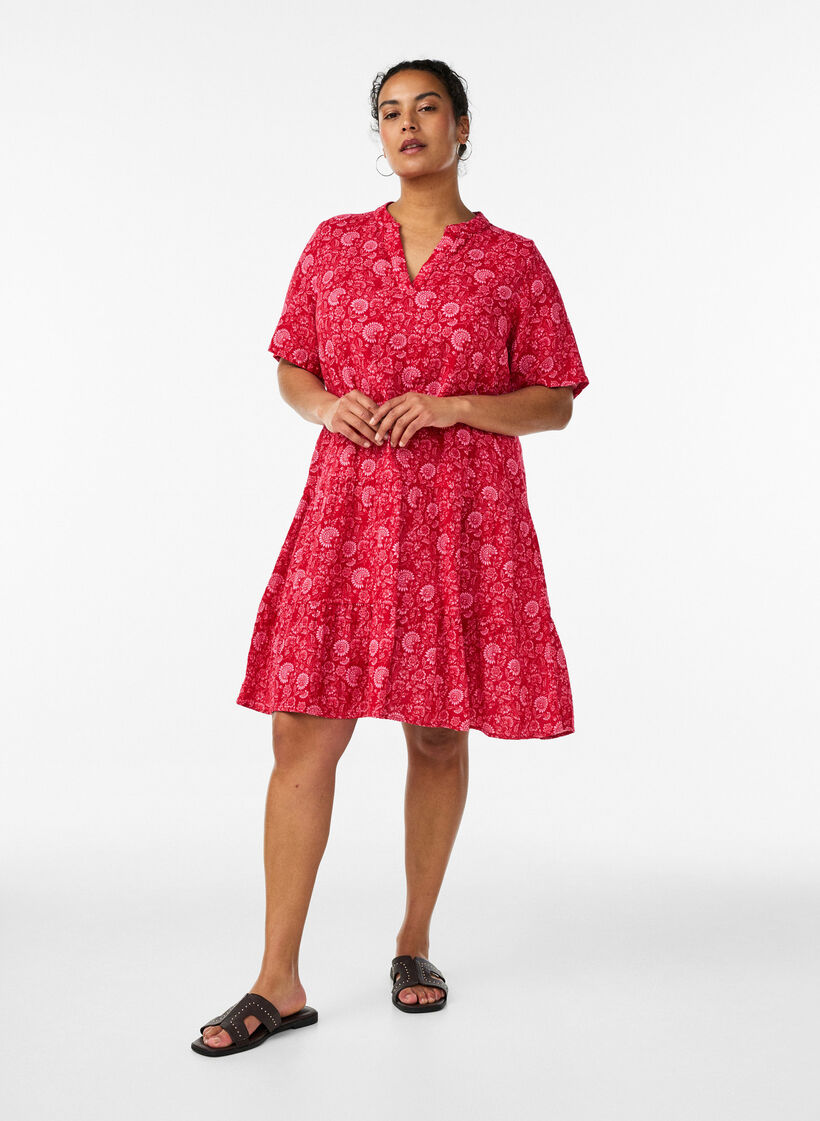 Kurzes A-Linien-Kleid aus Baumwollmusselin, Rot, Model image number 1