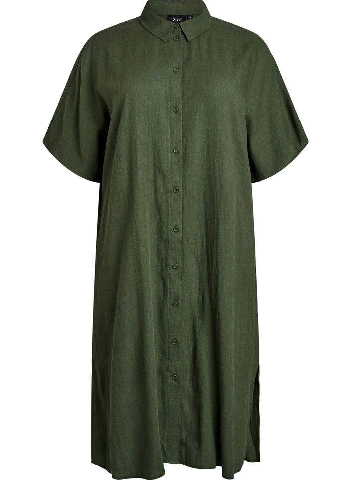 Robe chemise en lin et viscose &agrave; manches courtes, Vert, Packshot image number 0