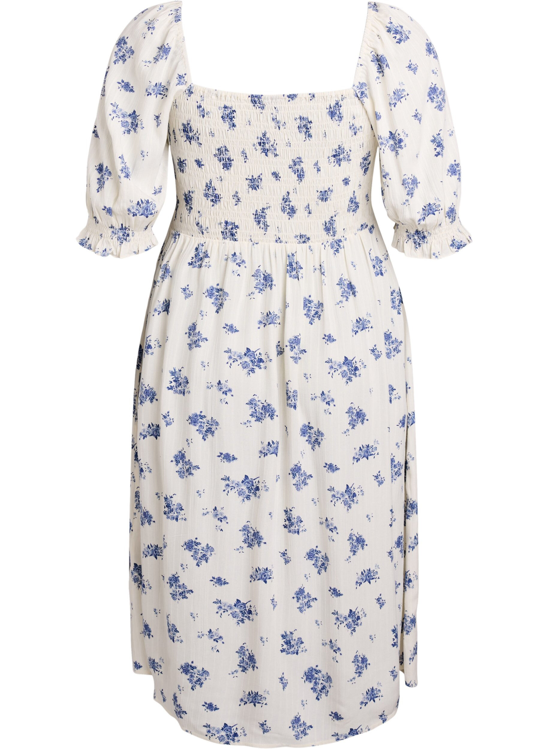 Zizzi Robe midi en viscose &agrave; fleurs avec smock, Blanc, Packshot image number 1