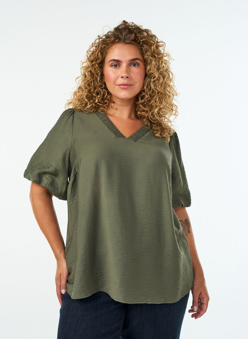 Bluse mit Ballon&auml;rmeln und V-Ausschnitt, Gr&uuml;n, Model image number 0
