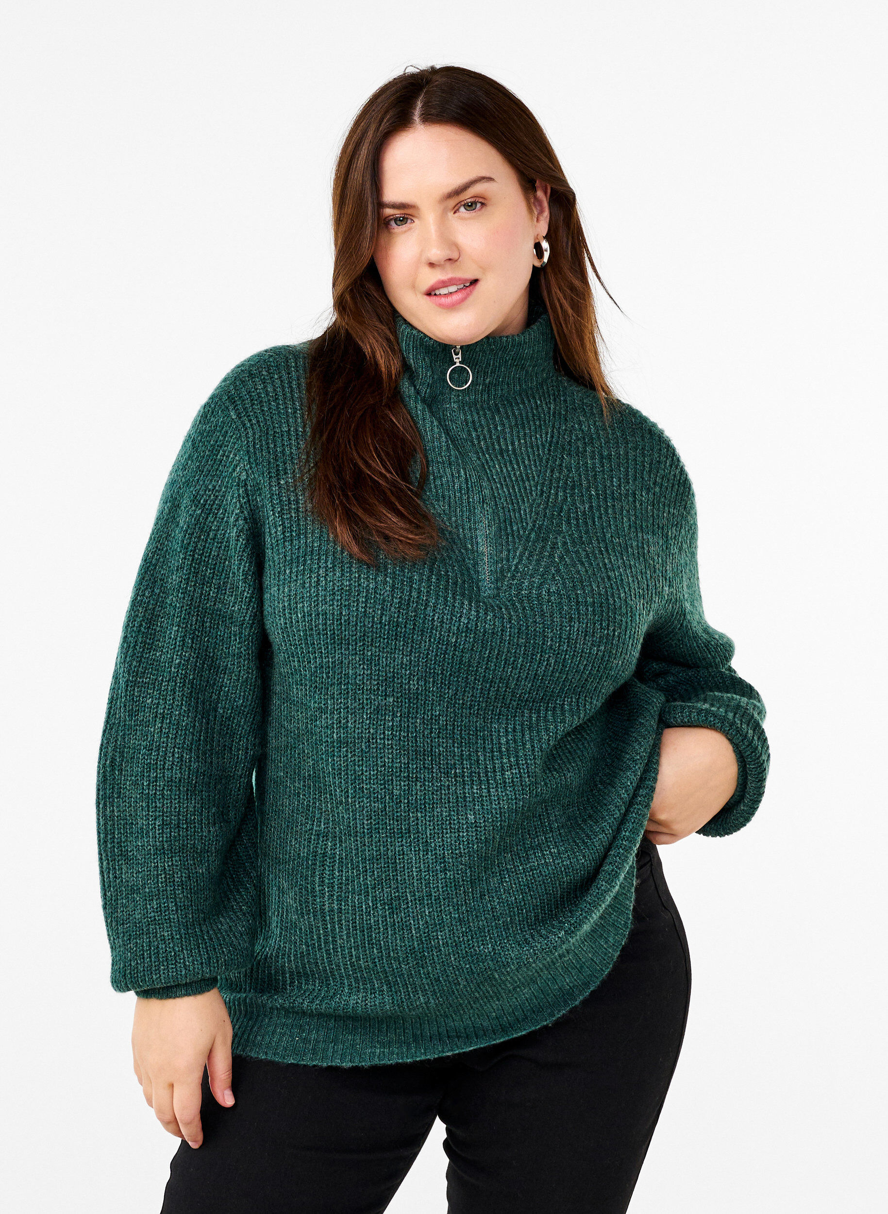 Pull en tricot avec col haut et fermeture &eacute;clair, Vert fonc&eacute;, Model