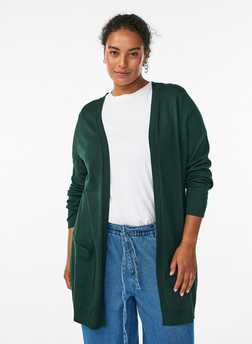 Lange Strickjacke aus Viskose-Mischung, Gr&uuml;n, Model image number 0
