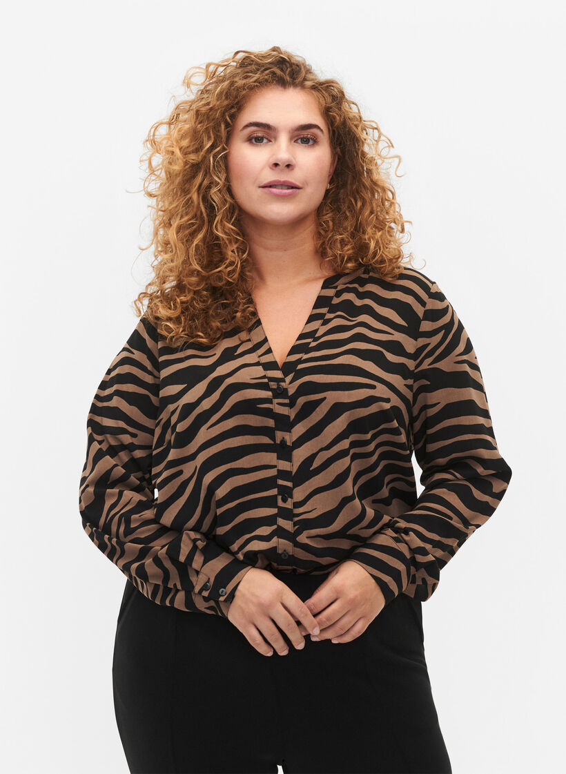 Chemise à col en V avec imprimé zèbre, Black/Brown Zebra, Model image number 0