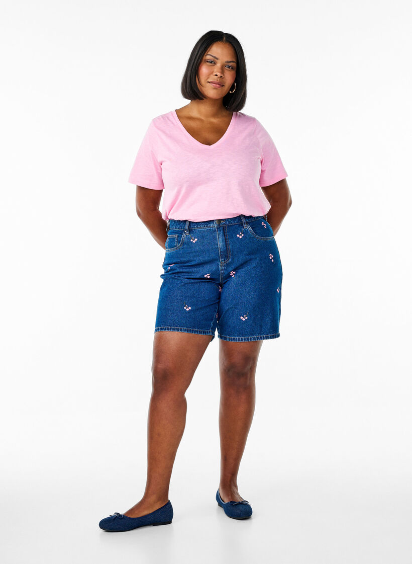 T-shirt basique &agrave; manches courtes et col en V, Rose, Model image number 1