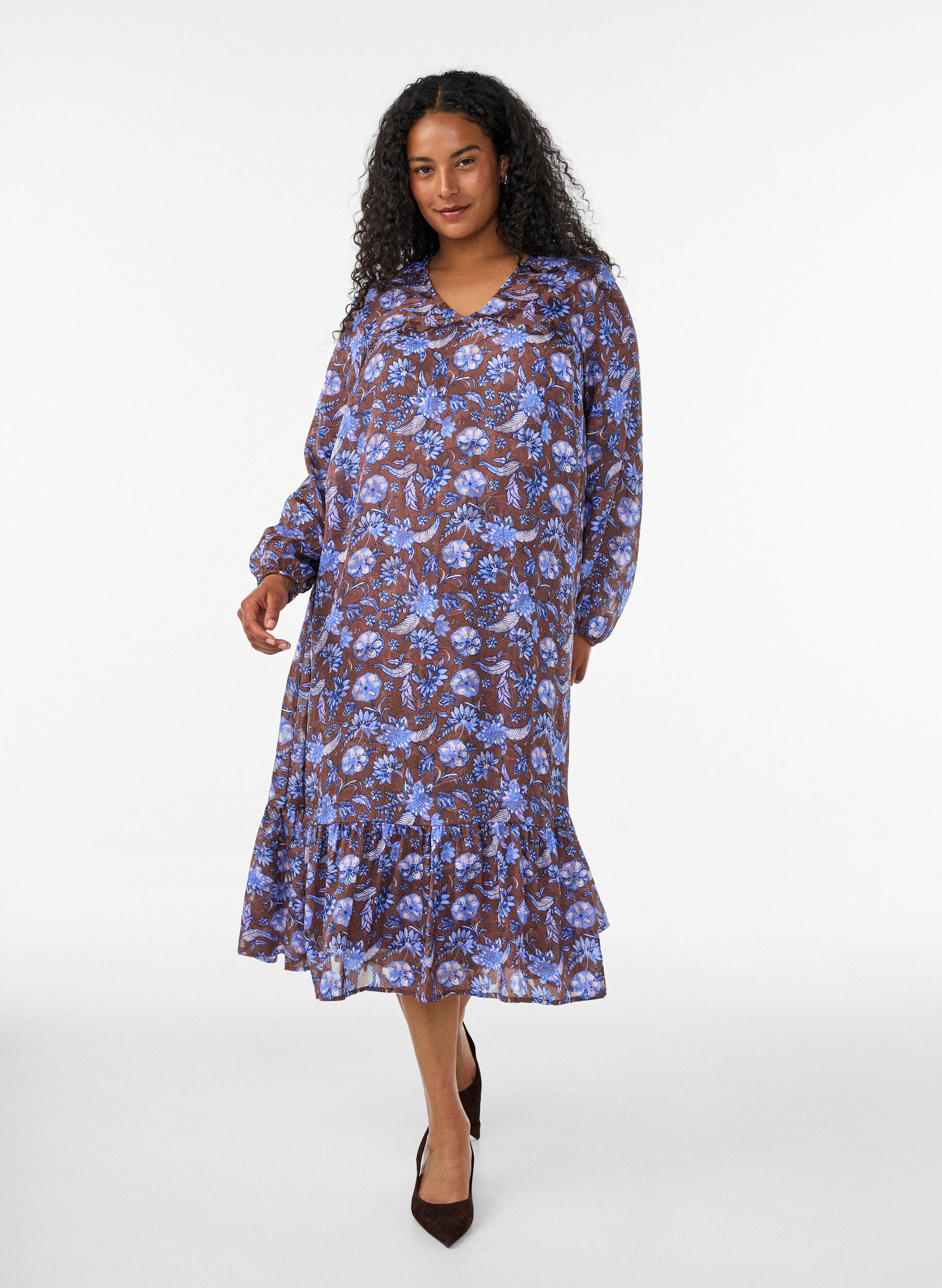 ZizziRobe midi &agrave; imprim&eacute; floral avec ourlet &agrave; volants, Marron, Model image number 0