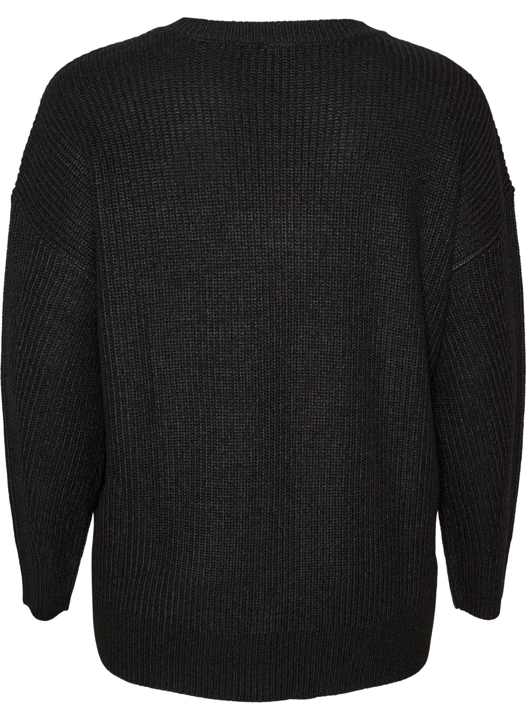 ZizziLange Rippstrickbluse mit V-Ausschnitt, Schwarz, Packshot image number 1