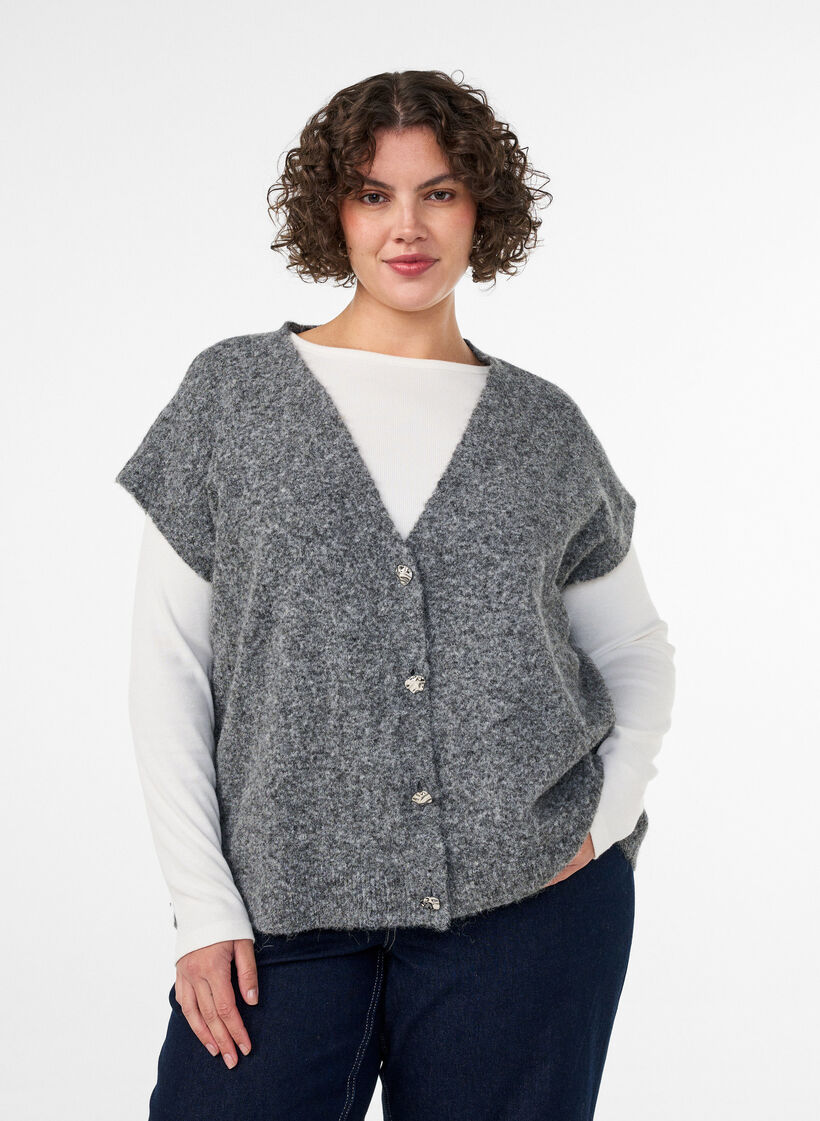 Gilet en maille &agrave; col V avec boutons d&eacute;coratifs, Gris, Model image number 0