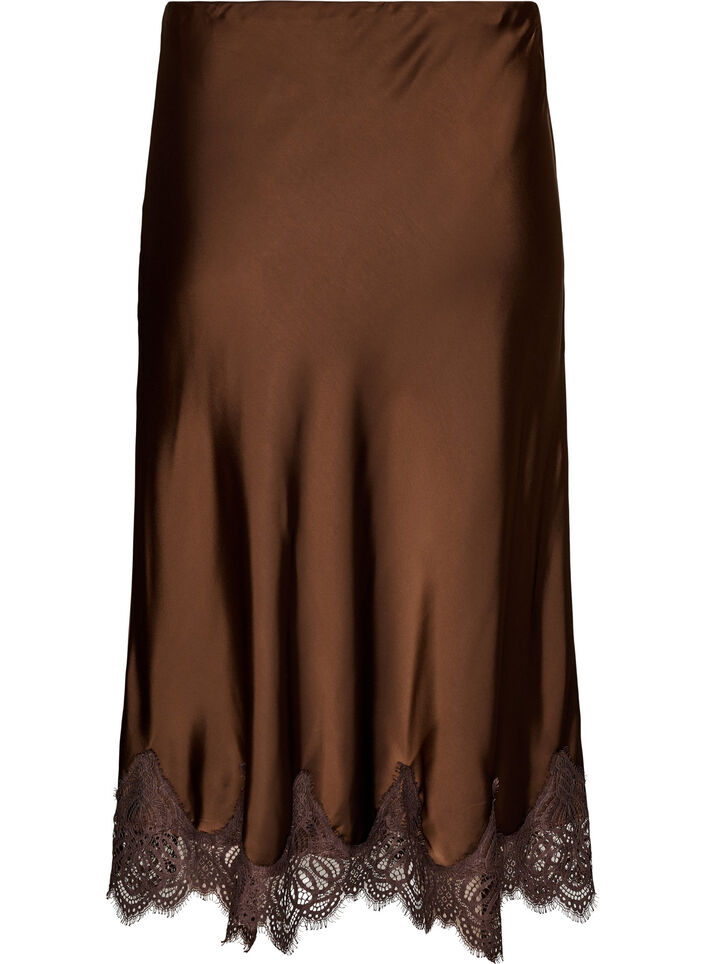 Jupe midi en satin avec bordure en dentelle, Marron, Packshot image number 1