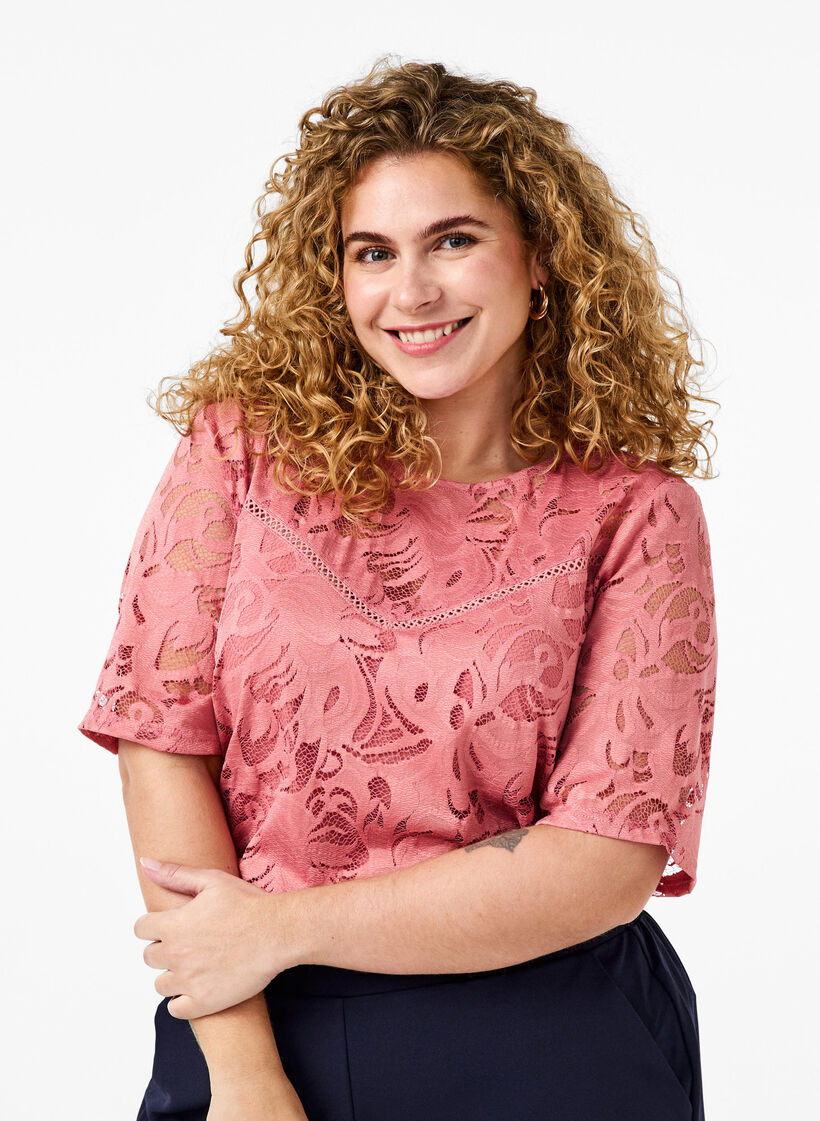 Bluse mit Spitze und kurzen Ärmeln, Dusty Rose, Model image number 0