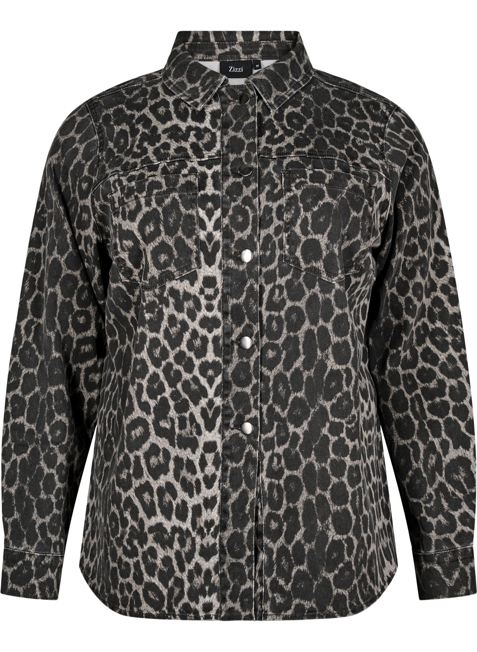 Zizzi Jeanshemd mit Leopardenmuster und Kn&ouml;pfen, Grau, Packshot image number 0
