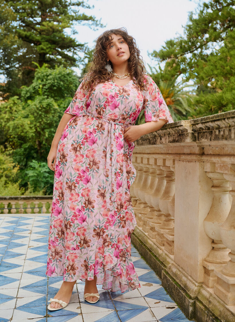 Robe longue en mousseline avec d&eacute;collet&eacute; en V et ourlet &agrave; volants, Rose, Image image number 0