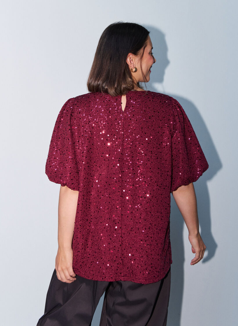 Blouse &agrave; sequins avec manches ballon, Bordeaux, Model image number 2