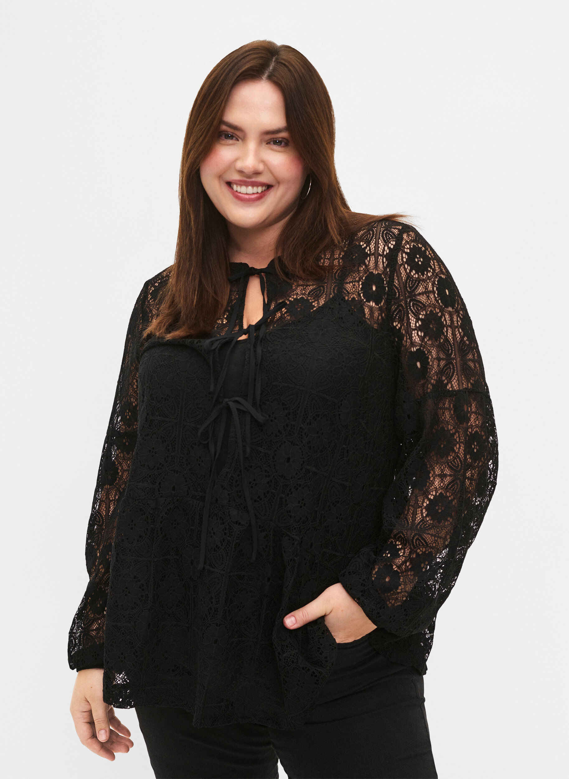 Zizzi Blouse en dentelle avec d&eacute;tail de lacet, Black, Model image number 0