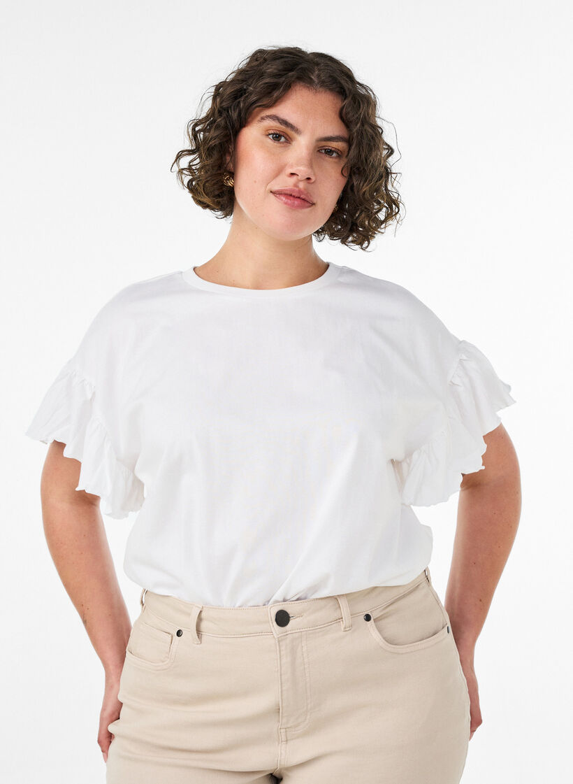 T-shirt en coton bio avec manches &agrave; volants, Blanc, Model image number 0