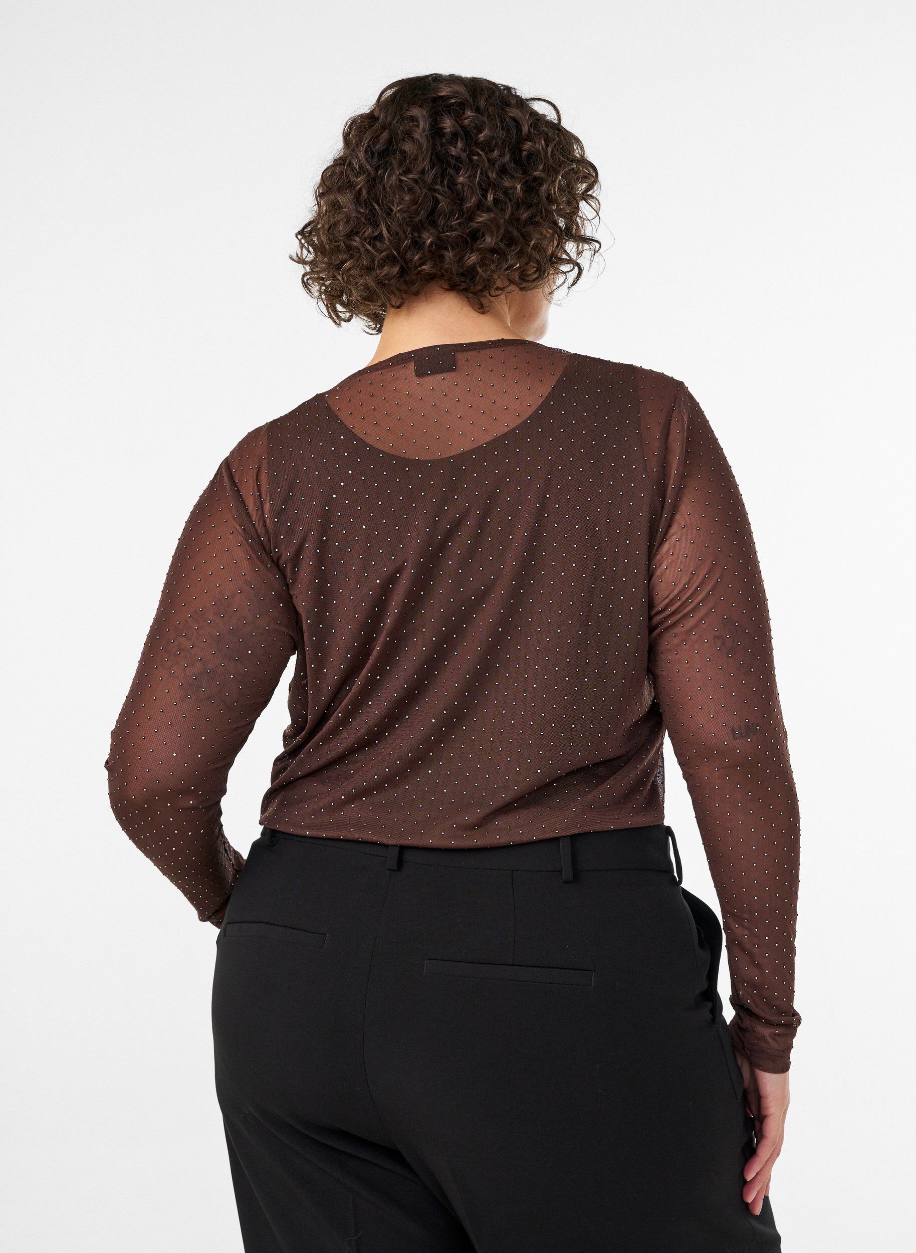 ZizziBlouse en maille transparente avec strass, Marron, Model image number 2