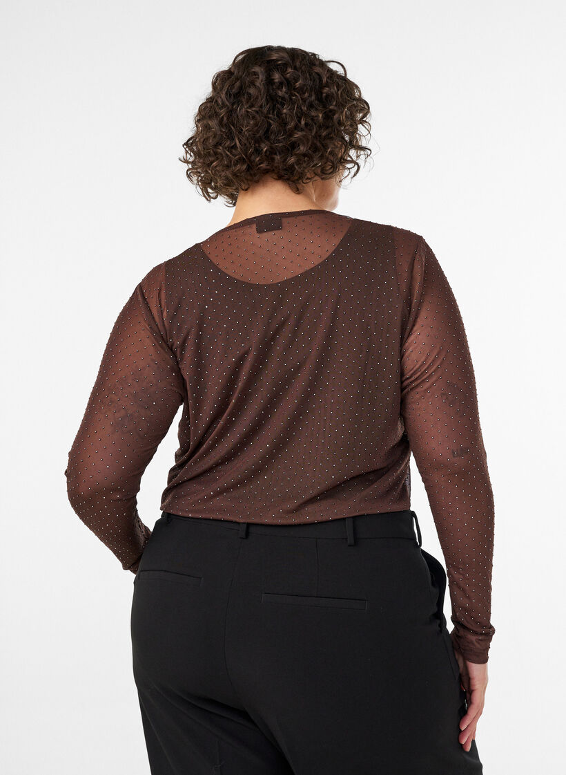 Blouse en maille transparente avec strass, Marron, Model image number 2