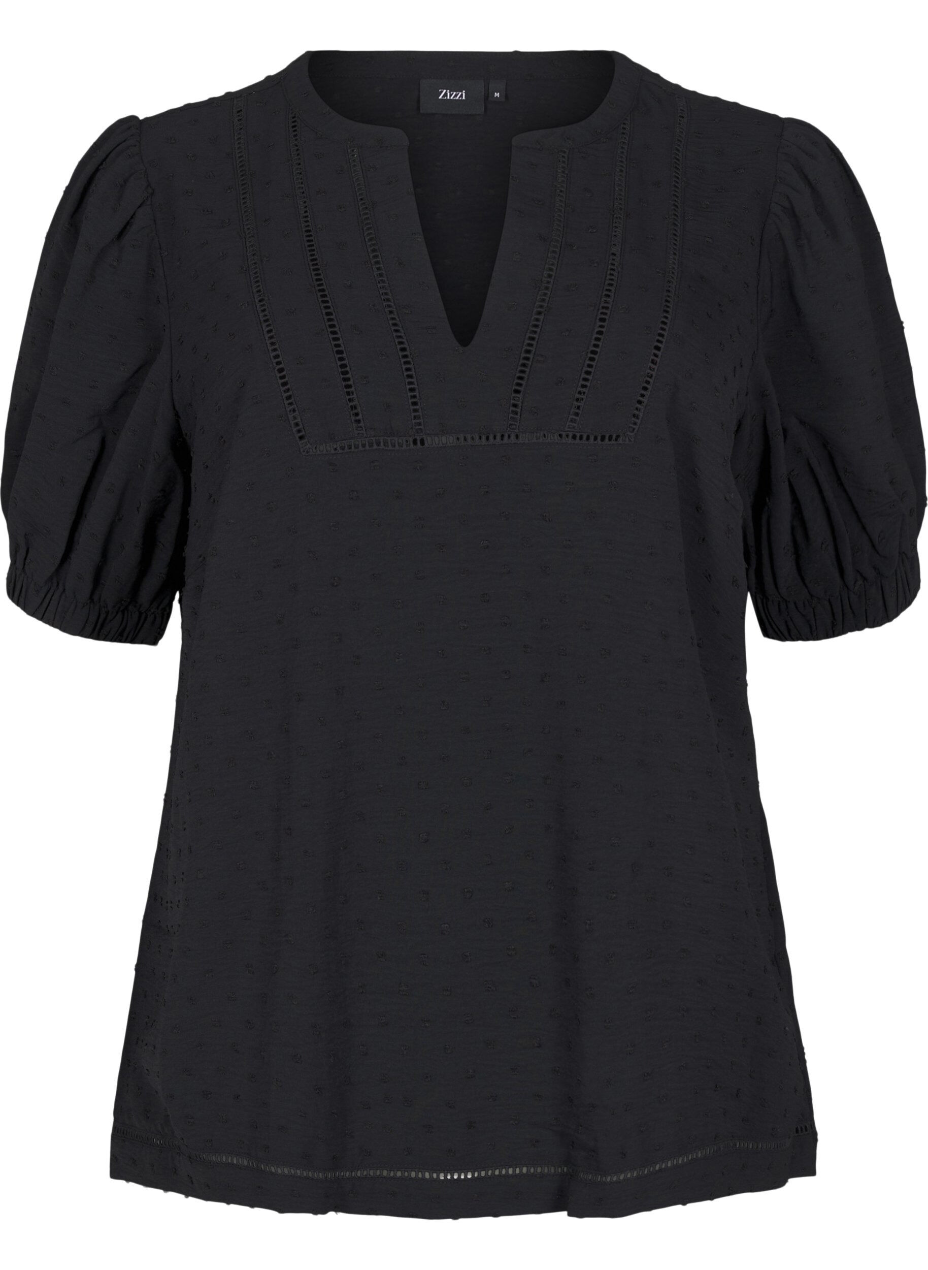 Zizzi Blouse &agrave; manches courtes bouffantes et texture pointelle, Black, Packshot image number 0