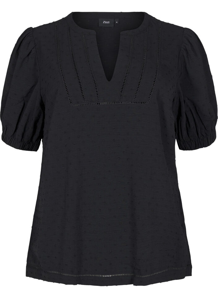 Bluse mit kurzen Puffärmeln und gepunkteter Textur, Black, Packshot image number 0