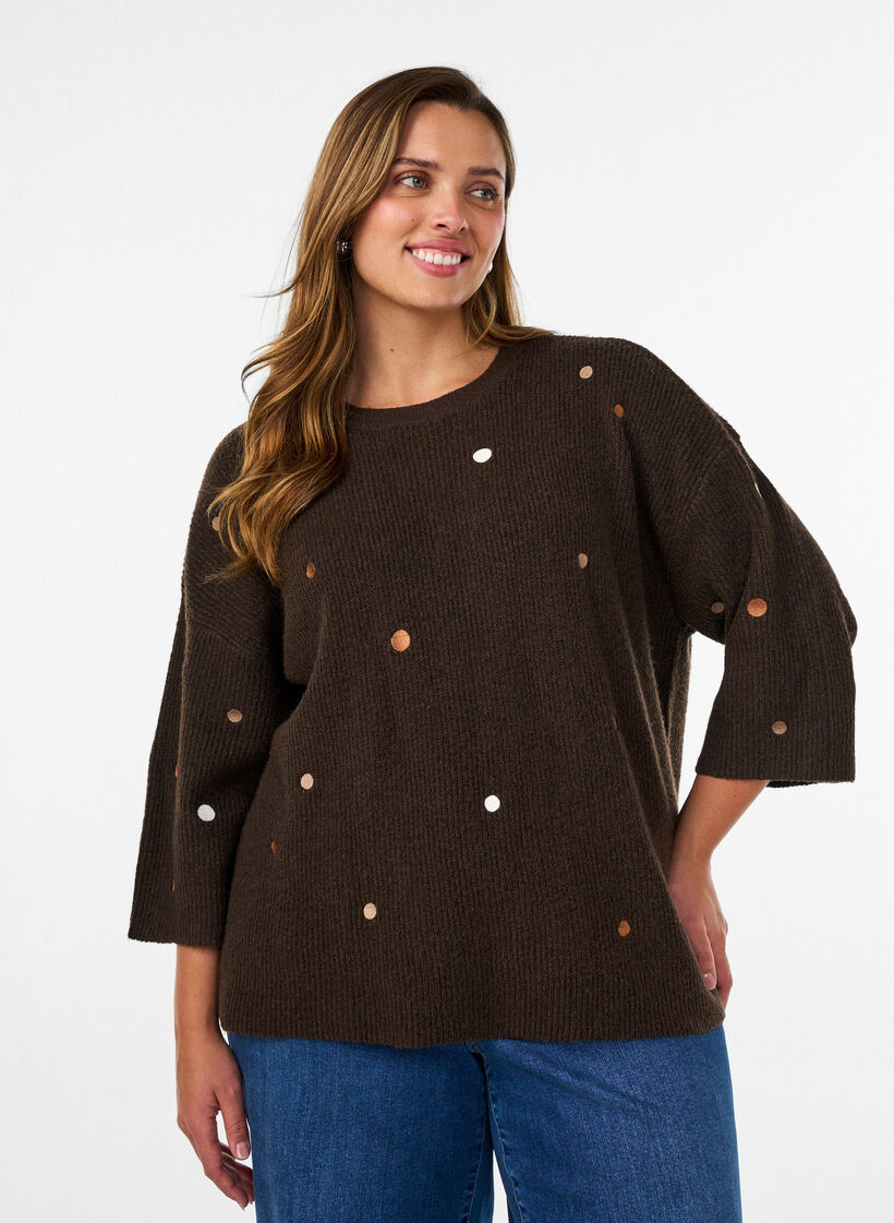 Blouse en maille avec de petits motifs brod&eacute;s, Marron, Model image number 0