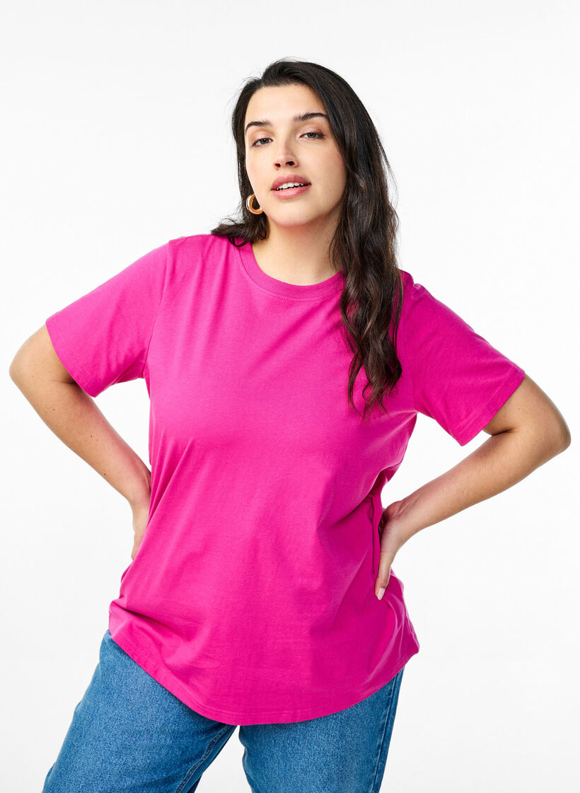 T-shirt basique en coton &agrave; col rond, Rose, Model image number 0