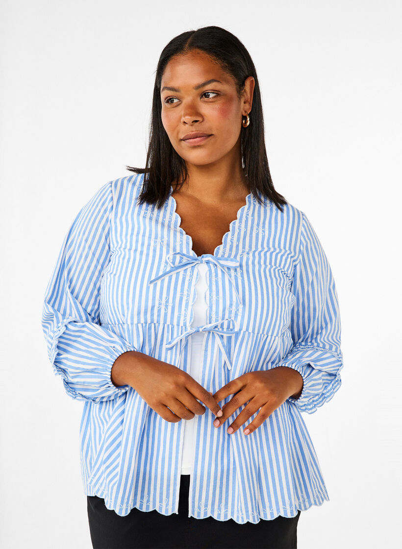 Gestreifte Bluse mit offener Vorderseite und Stickereien, Blau, Model image number 0
