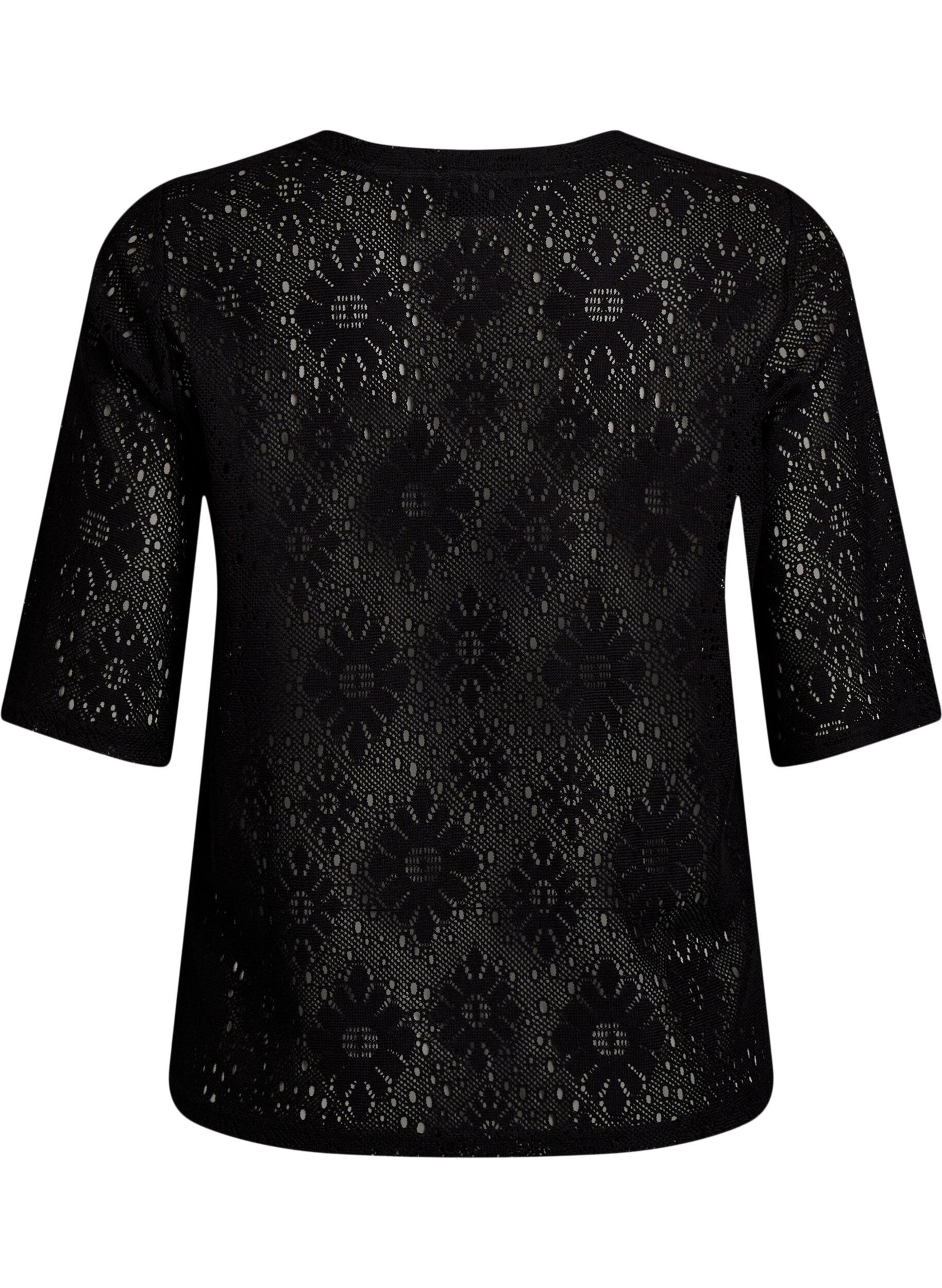 Zizzi Bluse mit Lochmuster und kurzen &Auml;rmeln, Schwarz, Packshot image number 1