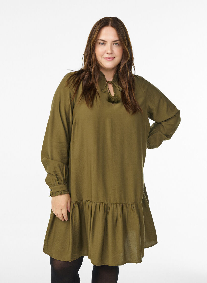 Kurzes A-Linien-Kleid mit Rüschen, Grün, Model image number 0