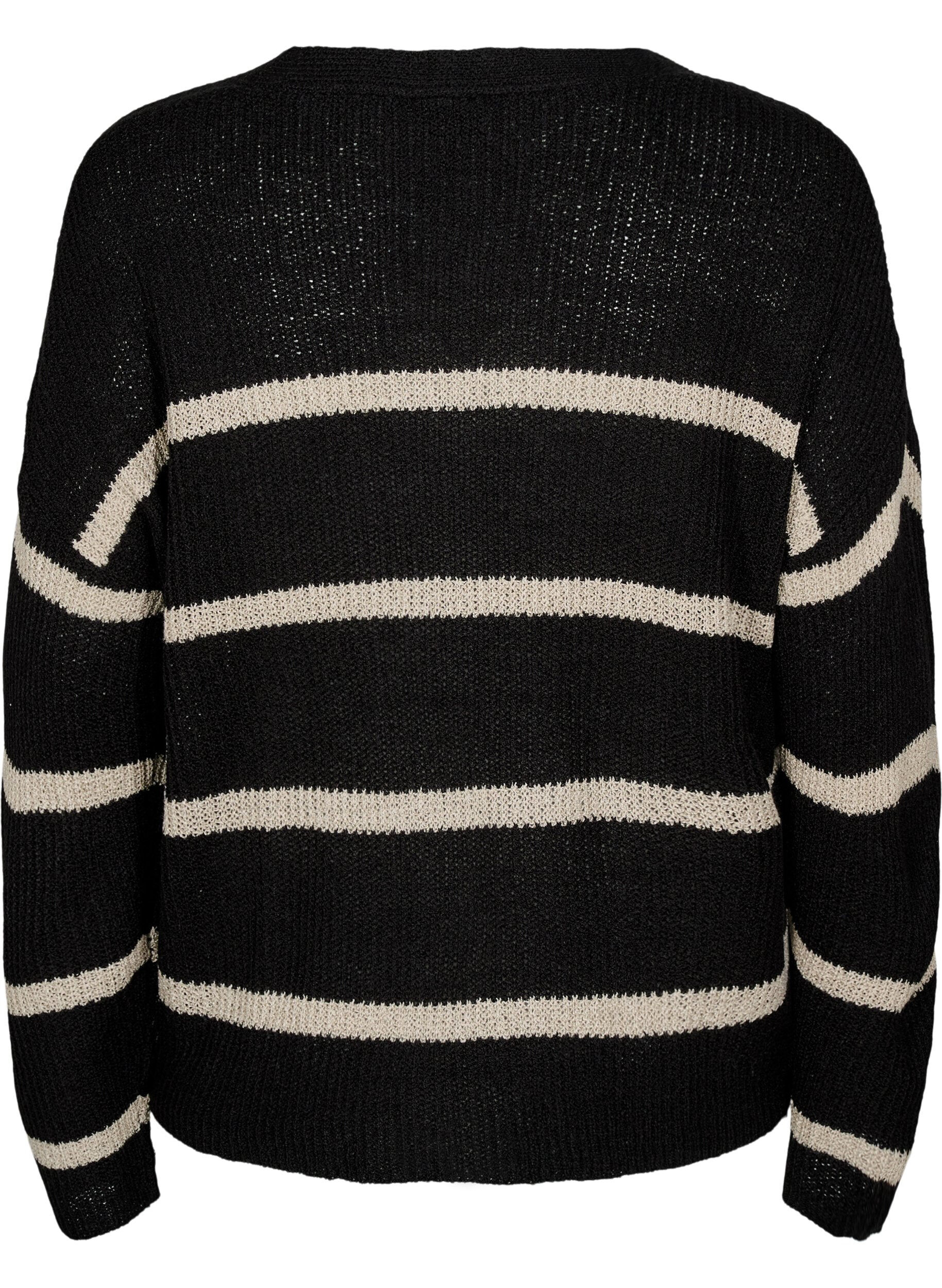 Zizzi FLASH - Gestreifter Strickcardigan mit Kn&ouml;pfen, Schwarz, Packshot image number 1