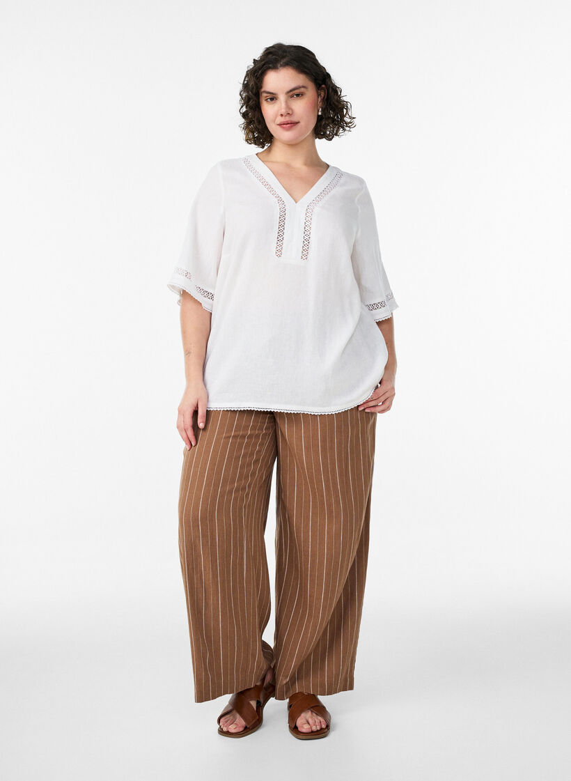Pantalon large en lin et viscose, Marron, Model image number 0