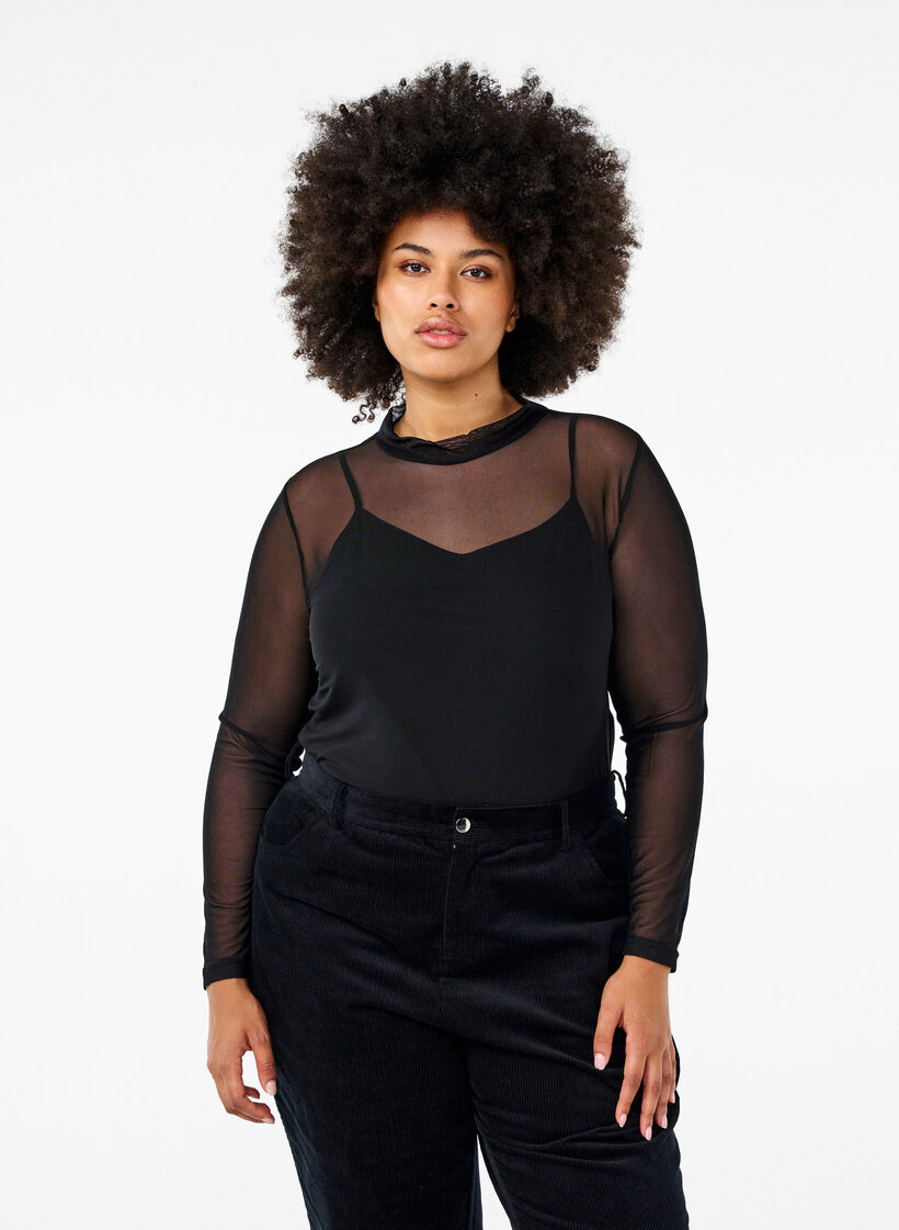 Chemisier en maille ajust&eacute;e &agrave; manches longues, Noir, Model