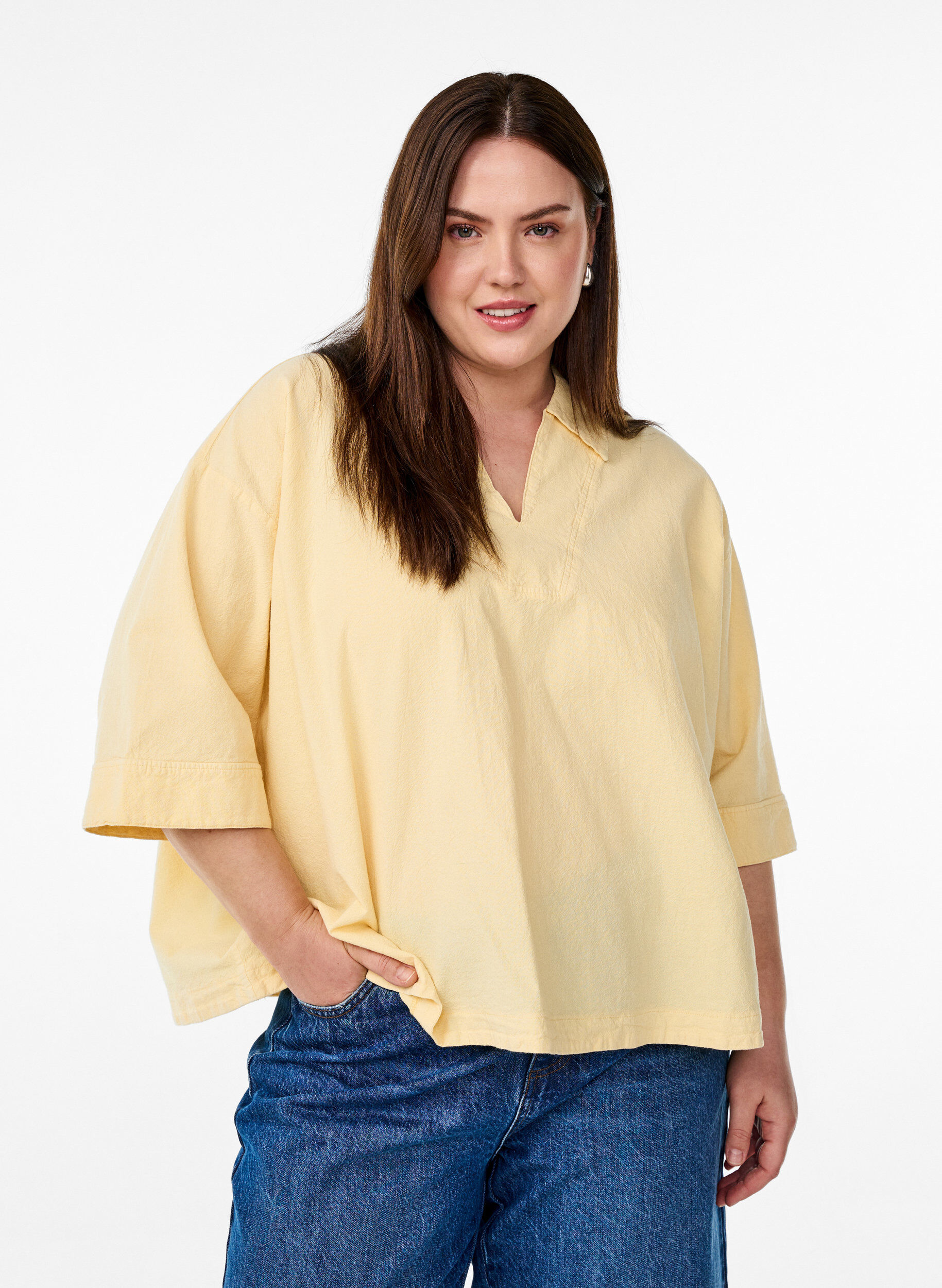 Zizzi Lockere Bluse mit Kragen und 1/2 &Auml;rmeln, Gelb, Model image number 0