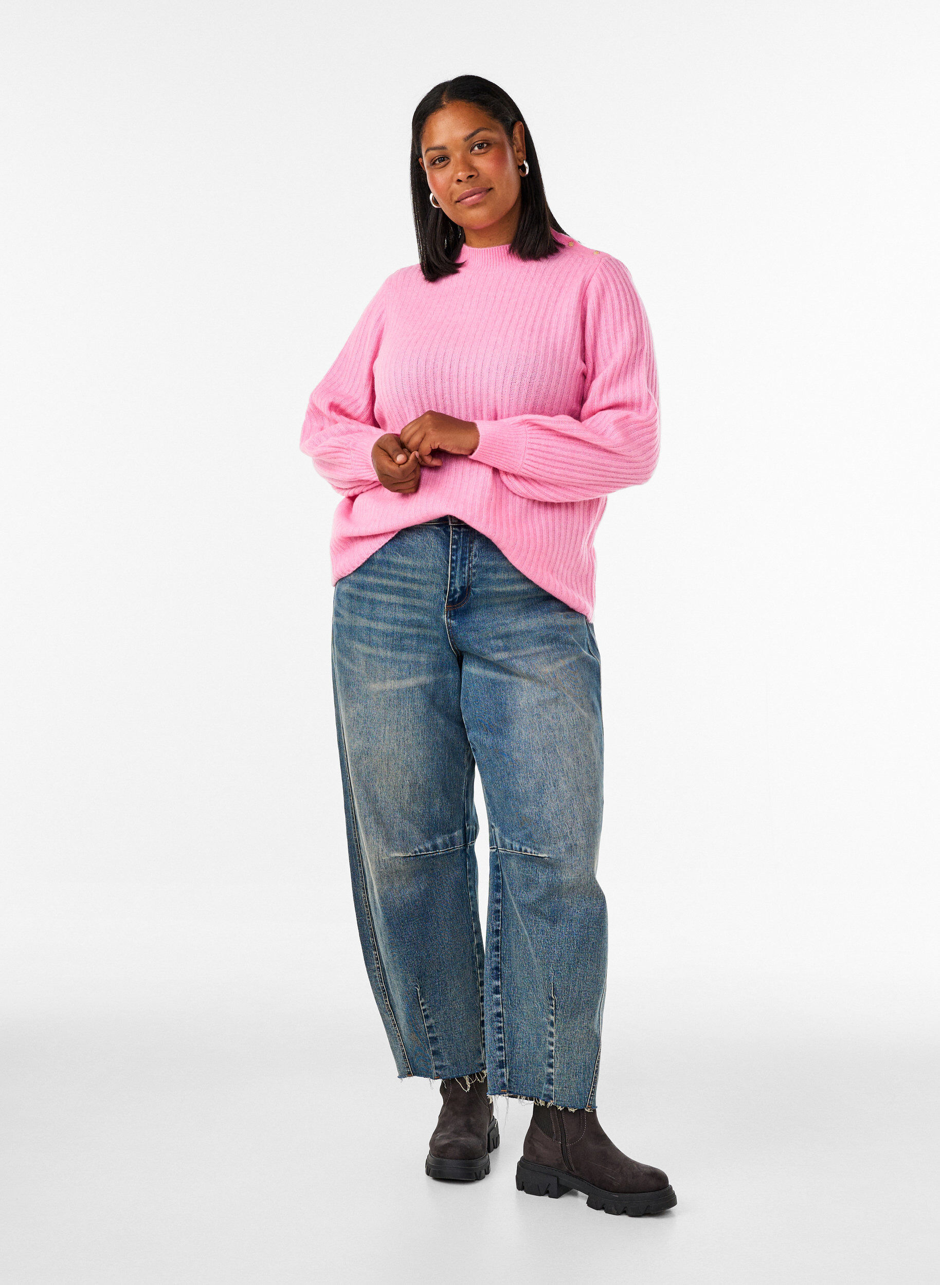 ZizziPullover aus Rippstrick mit Puff&auml;rmeln und Kn&ouml;pfen, Pink, Model image number 1
