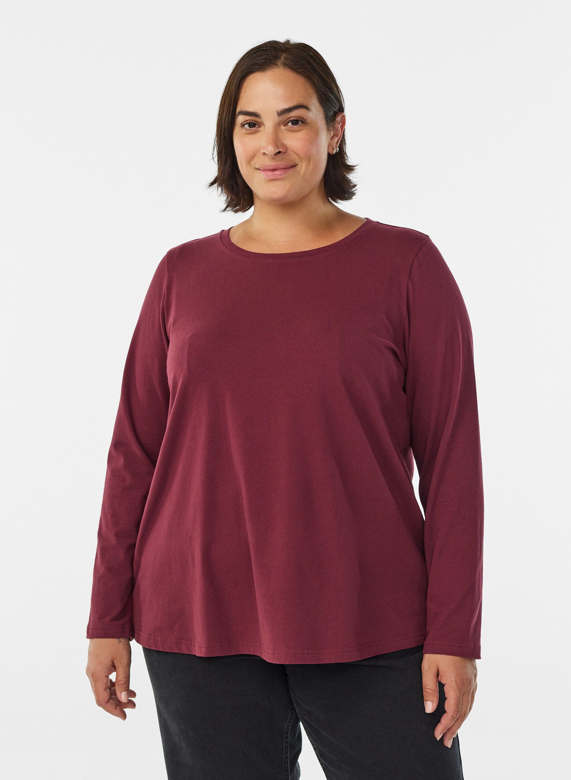 Zizzi Basic Top aus Jersey mit langen &Auml;rmeln, Dunkles Bordeaux, Model image number 0