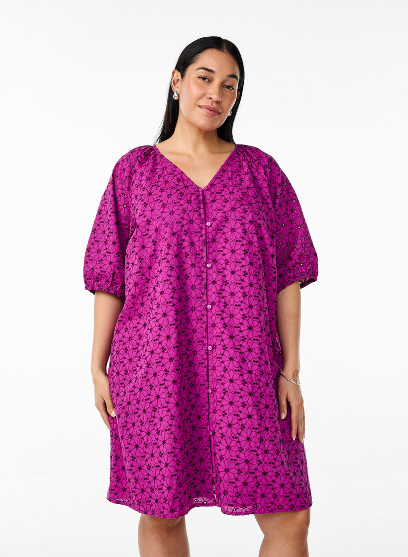 Kurzes Kleid mit gesticktem Blumenmuster, Lila, Model image number 0