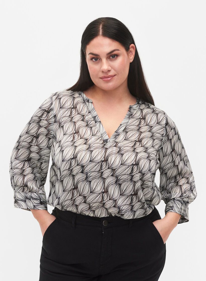 Bluse mit Print und 3/4-Ärmeln, Black White Leaf, Model image number 0