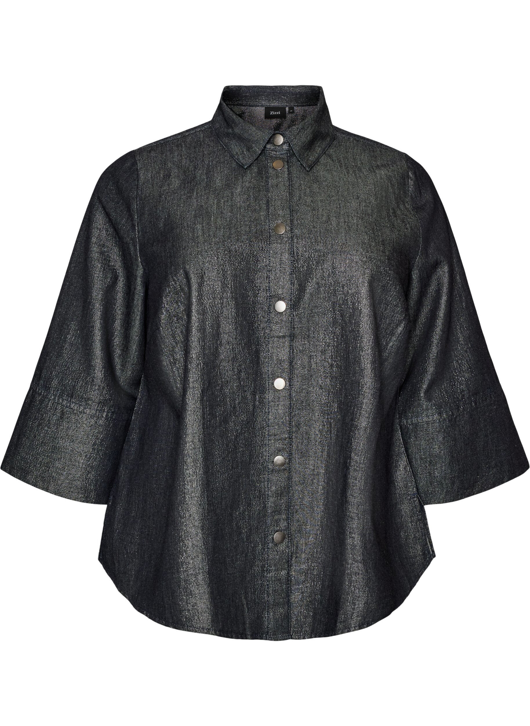 ZizziDenimbluse mit Glitzerfaden und 3/4-&Auml;rmeln, Grau, Packshot image number 0