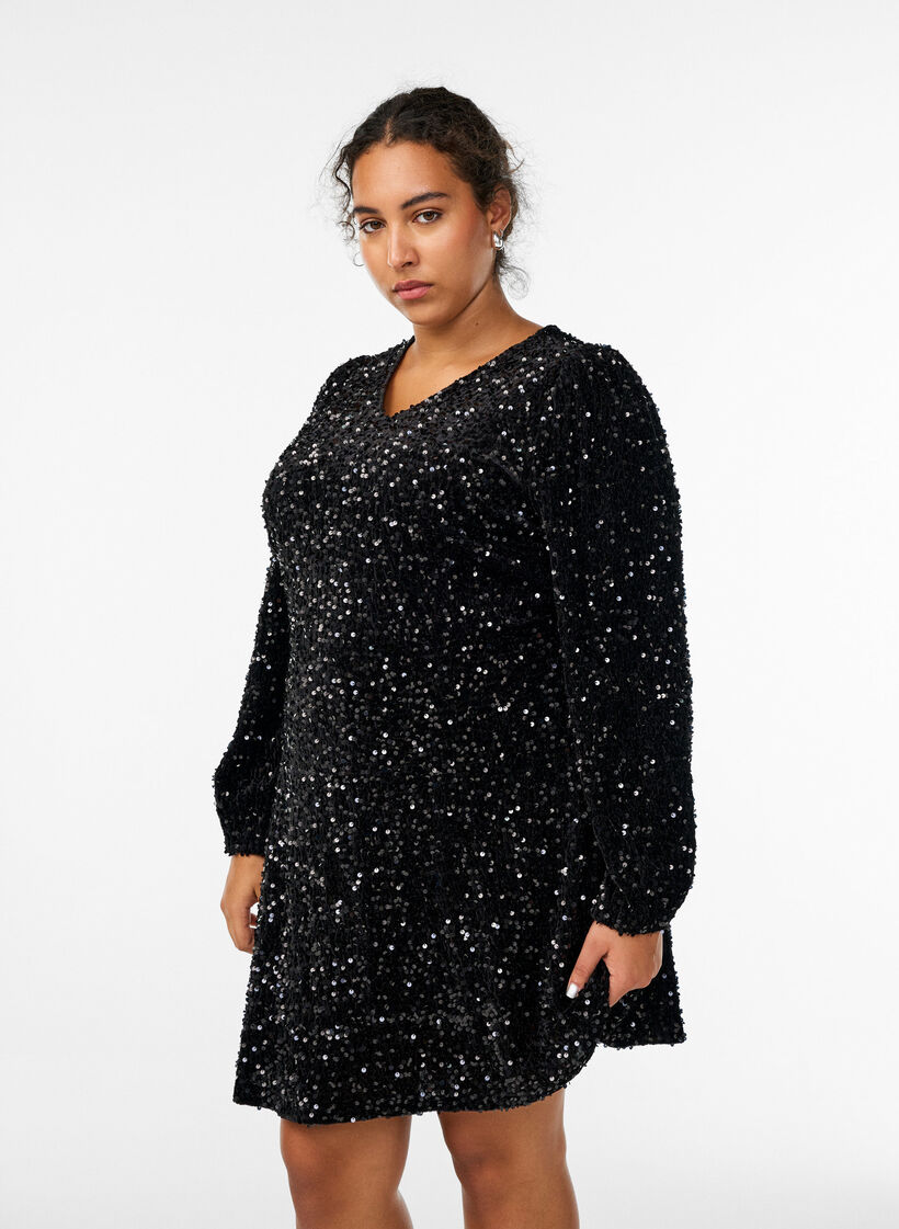 Kurzes A-Linien-Pailletten-Kleid, Schwarz, Model image number 1