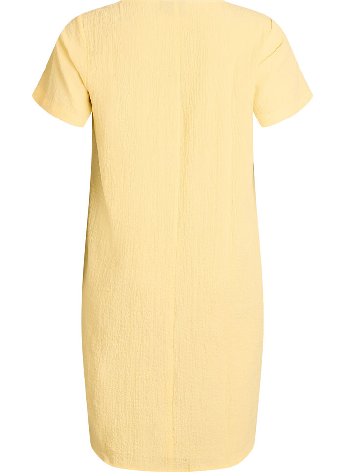 Robe courte avec texture froiss&eacute;e et manches courtes, Jaune clair, Packshot image number 1